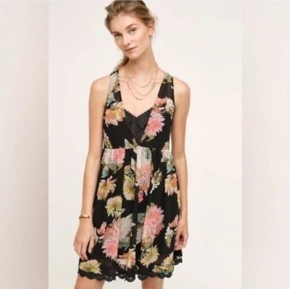 Maeve Anthropologie XS Violeta Floral Baby Doll Dress Black Deep V Neck Sheer